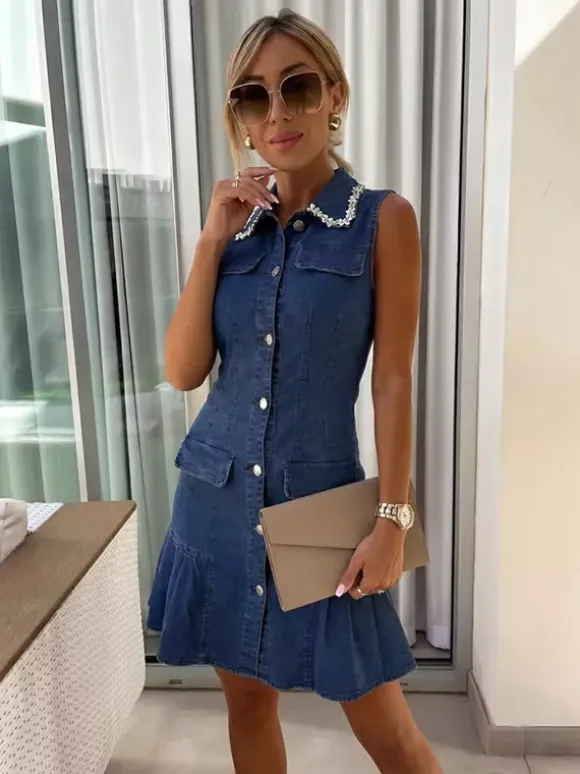 Sleeveless Mini Denim Dress For Women - Dark Blue Beaded Collar Button Up Ruffle Hem Slim Fit Jean Dress - Summer Casual Party 2026