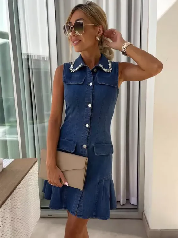 Sleeveless Mini Denim Dress For Women - Dark Blue Beaded Collar Button Up Ruffle Hem Slim Fit Jean Dress - Summer Casual Party 2026
