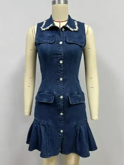 Sleeveless Mini Denim Dress For Women - Dark Blue Beaded Collar Button Up Ruffle Hem Slim Fit Jean Dress - Summer Casual Party 2026