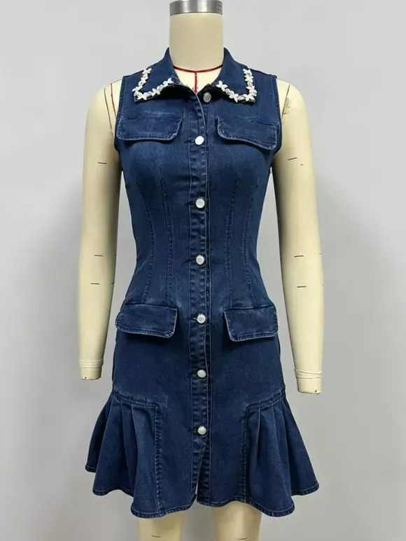 Sleeveless Mini Denim Dress For Women - Dark Blue Beaded Collar Button Up Ruffle Hem Slim Fit Jean Dress - Summer Casual Party 2026