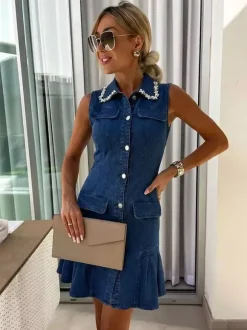 Sleeveless Mini Denim Dress For Women - Dark Blue Beaded Collar Button Up Ruffle Hem Slim Fit Jean Dress - Summer Casual Party 2026