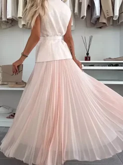 Sleeveless 2 Piece Set For Women - Old Money Belted Vest And Pleated Maxi Dress - Spring Casual Event 2026