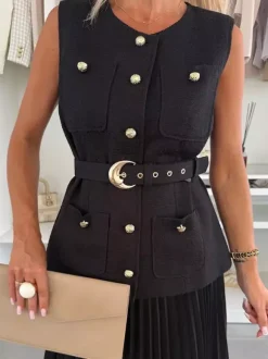 Sleeveless 2 Piece Set For Women - Old Money Belted Vest And Pleated Maxi Dress - Spring Casual Event 2026