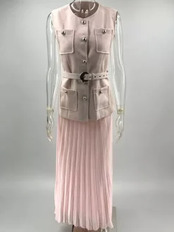 Sleeveless 2 Piece Set For Women - Old Money Belted Vest And Pleated Maxi Dress - Spring Casual Event 2026