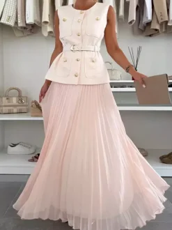 Sleeveless 2 Piece Set For Women - Old Money Belted Vest And Pleated Maxi Dress - Spring Casual Event 2026