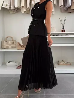 Sleeveless 2 Piece Set For Women - Old Money Belted Vest And Pleated Maxi Dress - Spring Casual Event 2026