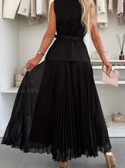 Sleeveless 2 Piece Set For Women - Old Money Belted Vest And Pleated Maxi Dress - Spring Casual Event 2026