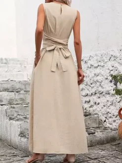 Sleeveless Tie Waist Maxi Dress For Women - Casual Solid Color A Line Sun Dress With Pockets - Summer Beach Vacation 2026