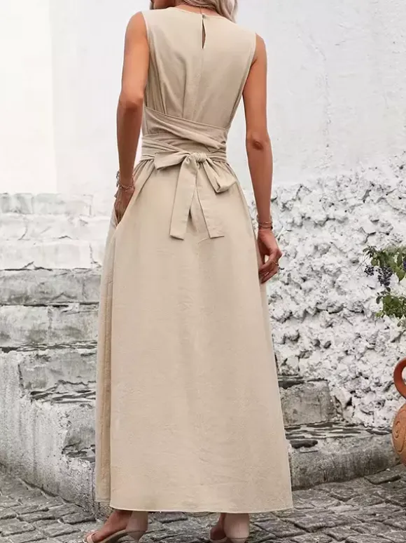 Sleeveless Tie Waist Maxi Dress For Women - Casual Solid Color A Line Sun Dress With Pockets - Summer Beach Vacation 2026