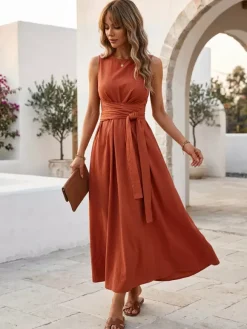 Sleeveless Tie Waist Maxi Dress For Women - Casual Solid Color A Line Sun Dress With Pockets - Summer Beach Vacation 2026