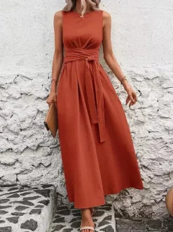 Sleeveless Tie Waist Maxi Dress For Women - Casual Solid Color A Line Sun Dress With Pockets - Summer Beach Vacation 2026
