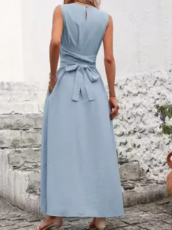 Sleeveless Tie Waist Maxi Dress For Women - Casual Solid Color A Line Sun Dress With Pockets - Summer Beach Vacation 2026