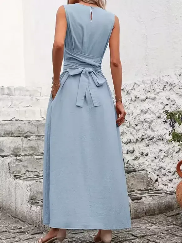 Sleeveless Tie Waist Maxi Dress For Women - Casual Solid Color A Line Sun Dress With Pockets - Summer Beach Vacation 2026