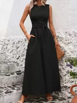 Sleeveless Tie Waist Maxi Dress For Women - Casual Solid Color A Line Sun Dress With Pockets - Summer Beach Vacation 2026