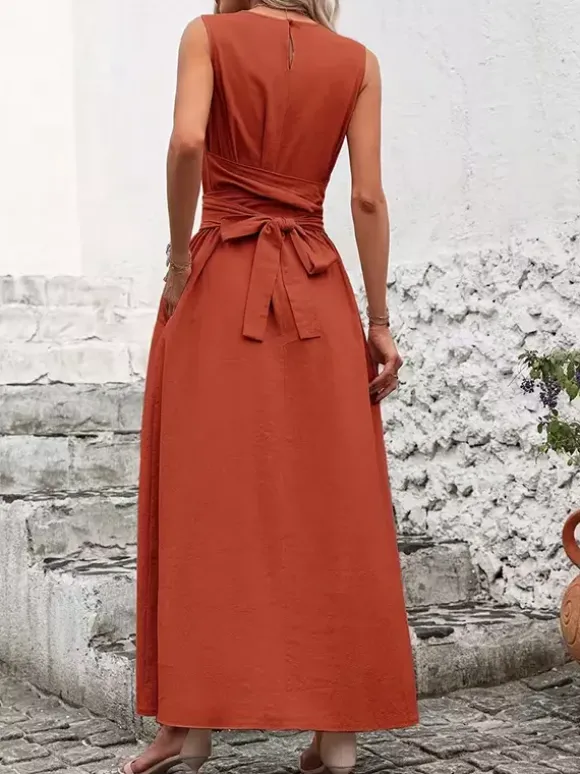 Sleeveless Tie Waist Maxi Dress For Women - Casual Solid Color A Line Sun Dress With Pockets - Summer Beach Vacation 2026