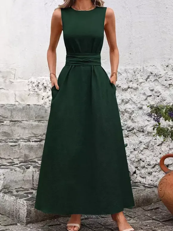 Sleeveless Tie Waist Maxi Dress For Women - Casual Solid Color A Line Sun Dress With Pockets - Summer Beach Vacation 2026