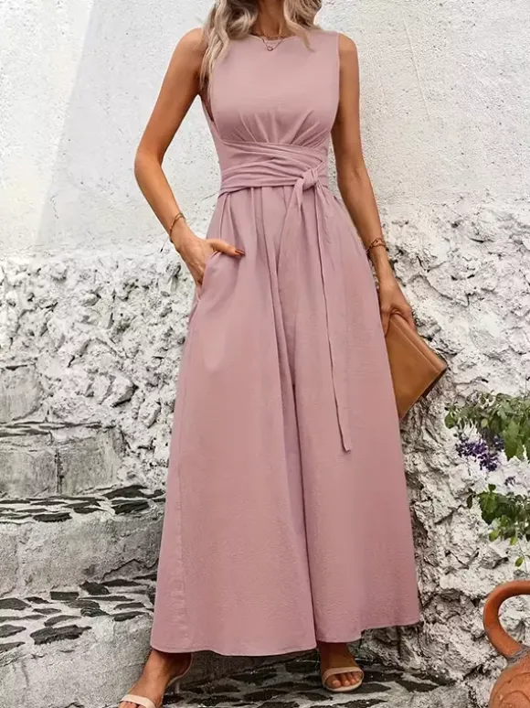 Sleeveless Tie Waist Maxi Dress For Women - Casual Solid Color A Line Sun Dress With Pockets - Summer Beach Vacation 2026