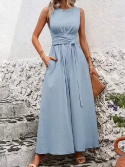 Sleeveless Tie Waist Maxi Dress For Women - Casual Solid Color A Line Sun Dress With Pockets - Summer Beach Vacation 2026