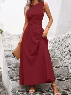 Sleeveless Tie Waist Maxi Dress For Women - Casual Solid Color A Line Sun Dress With Pockets - Summer Beach Vacation 2026