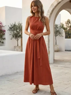 Sleeveless Tie Waist Maxi Dress For Women - Casual Solid Color A Line Sun Dress With Pockets - Summer Beach Vacation 2026