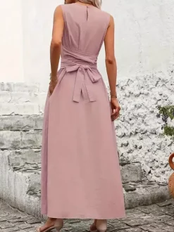 Sleeveless Tie Waist Maxi Dress For Women - Casual Solid Color A Line Sun Dress With Pockets - Summer Beach Vacation 2026