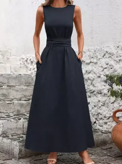 Sleeveless Tie Waist Maxi Dress For Women - Casual Solid Color A Line Sun Dress With Pockets - Summer Beach Vacation 2026