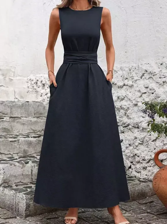 Sleeveless Tie Waist Maxi Dress For Women - Casual Solid Color A Line Sun Dress With Pockets - Summer Beach Vacation 2026