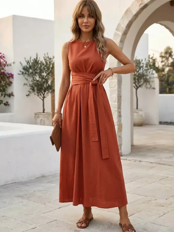 Sleeveless Tie Waist Maxi Dress For Women - Casual Solid Color A Line Sun Dress With Pockets - Summer Beach Vacation 2026