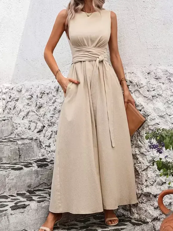 Sleeveless Tie Waist Maxi Dress For Women - Casual Solid Color A Line Sun Dress With Pockets - Summer Beach Vacation 2026