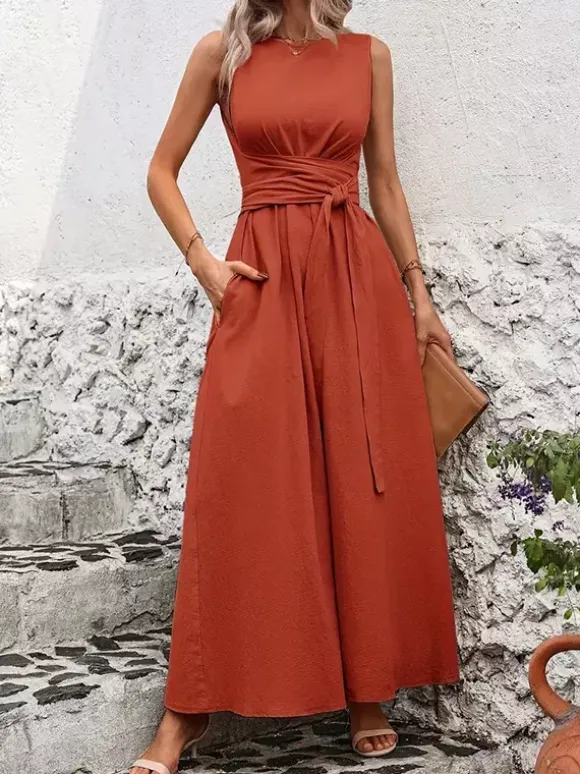 Sleeveless Tie Waist Maxi Dress For Women - Casual Solid Color A Line Sun Dress With Pockets - Summer Beach Vacation 2026