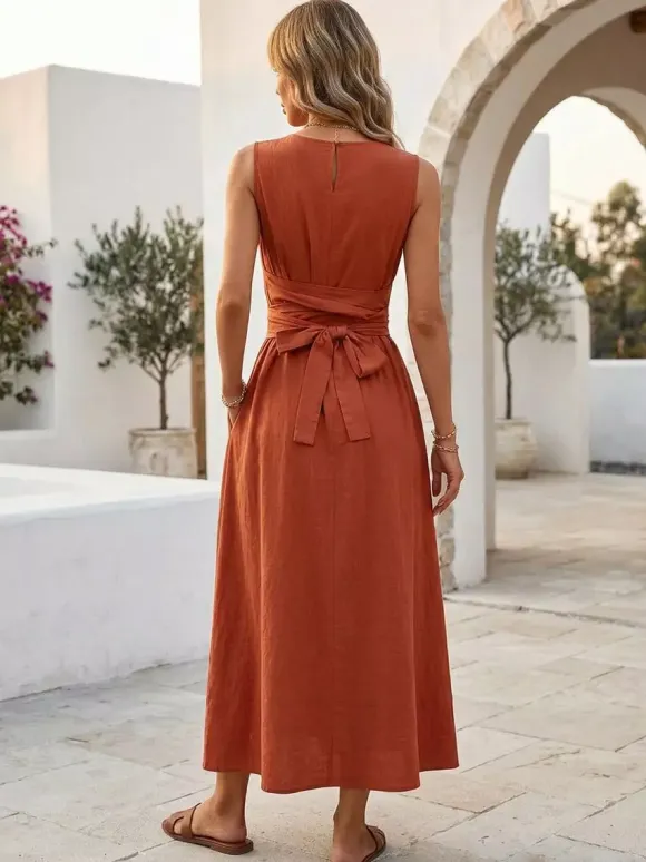 Sleeveless Tie Waist Maxi Dress For Women - Casual Solid Color A Line Sun Dress With Pockets - Summer Beach Vacation 2026