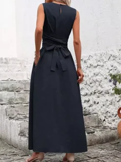 Sleeveless Tie Waist Maxi Dress For Women - Casual Solid Color A Line Sun Dress With Pockets - Summer Beach Vacation 2026