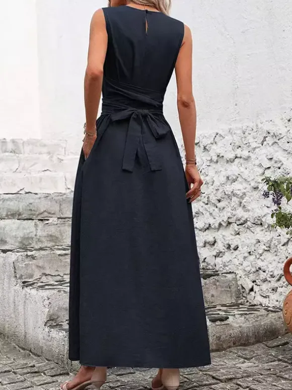 Sleeveless Tie Waist Maxi Dress For Women - Casual Solid Color A Line Sun Dress With Pockets - Summer Beach Vacation 2026