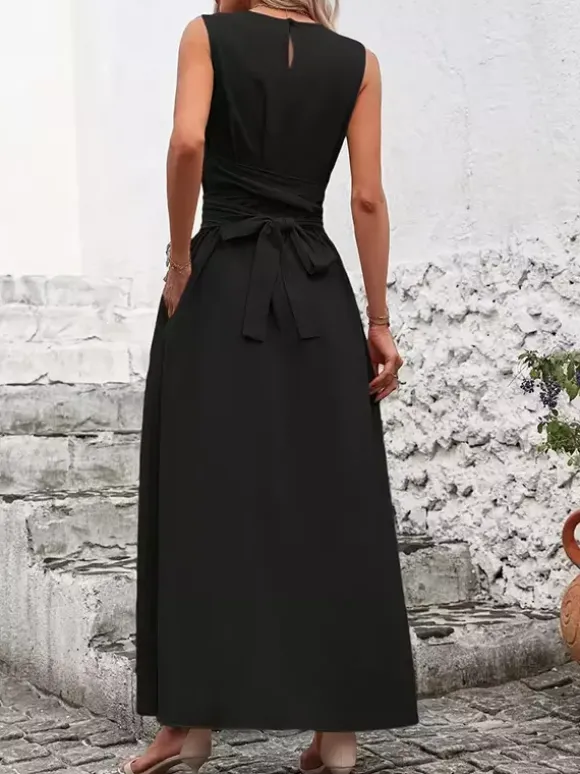 Sleeveless Tie Waist Maxi Dress For Women - Casual Solid Color A Line Sun Dress With Pockets - Summer Beach Vacation 2026