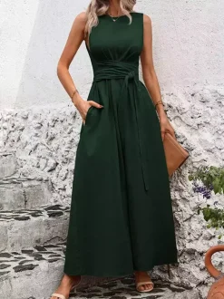 Sleeveless Tie Waist Maxi Dress For Women - Casual Solid Color A Line Sun Dress With Pockets - Summer Beach Vacation 2026