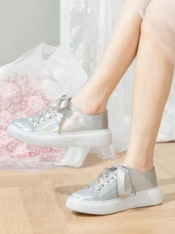 Sliber Bridal Shoes Metallci Round Toe Lace Up Flat Wedding Shoes