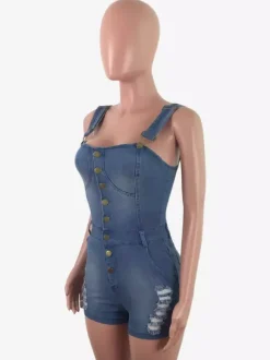 Slim Fit Denim Romper For Women - Blue Sexy Button Up Distressed Ripped Jean Jumpsuit Shorts - Summer Outdoor Party 2026