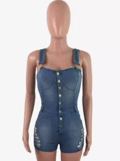Slim Fit Denim Romper For Women - Blue Sexy Button Up Distressed Ripped Jean Jumpsuit Shorts - Summer Outdoor Party 2026