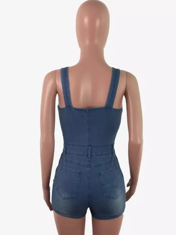 Slim Fit Denim Romper For Women - Blue Sexy Button Up Distressed Ripped Jean Jumpsuit Shorts - Summer Outdoor Party 2026