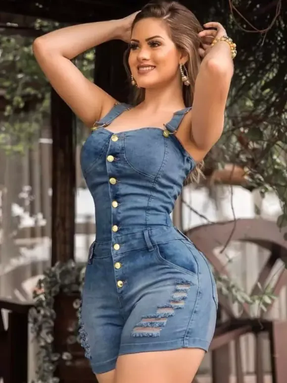 Slim Fit Denim Romper For Women - Blue Sexy Button Up Distressed Ripped Jean Jumpsuit Shorts - Summer Outdoor Party 2026