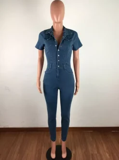 Slim Fit Washed Denim Jumpsuit For Women - Dark Blue Sexy Bodycon Short Sleeve Button Up Romper - Summer Casual Streetwear 2026