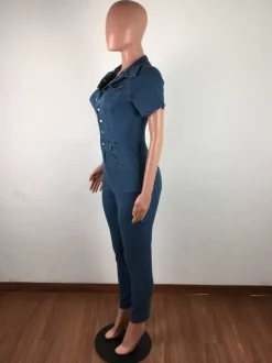 Slim Fit Washed Denim Jumpsuit For Women - Dark Blue Sexy Bodycon Short Sleeve Button Up Romper - Summer Casual Streetwear 2026
