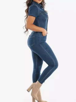 Slim Fit Washed Denim Jumpsuit For Women - Dark Blue Sexy Bodycon Short Sleeve Button Up Romper - Summer Casual Streetwear 2026