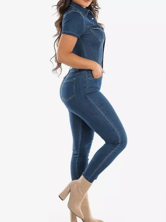 Slim Fit Washed Denim Jumpsuit For Women - Dark Blue Sexy Bodycon Short Sleeve Button Up Romper - Summer Casual Streetwear 2026