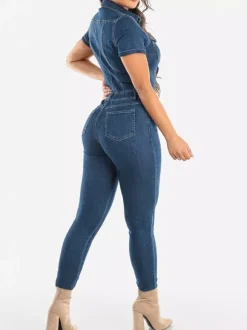Slim Fit Washed Denim Jumpsuit For Women - Dark Blue Sexy Bodycon Short Sleeve Button Up Romper - Summer Casual Streetwear 2026