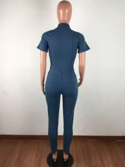 Slim Fit Washed Denim Jumpsuit For Women - Dark Blue Sexy Bodycon Short Sleeve Button Up Romper - Summer Casual Streetwear 2026