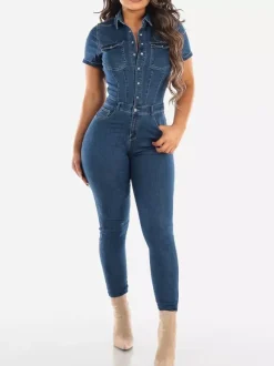 Slim Fit Washed Denim Jumpsuit For Women - Dark Blue Sexy Bodycon Short Sleeve Button Up Romper - Summer Casual Streetwear 2026