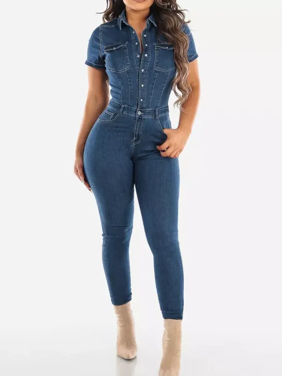 Slim Fit Washed Denim Jumpsuit For Women - Dark Blue Sexy Bodycon Short Sleeve Button Up Romper - Summer Casual Streetwear 2026