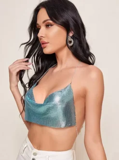 Sliver Clubwear Top Enticing V-Neck Sequins Sleeveless Backless Sequined Straps Halter Metal Sexy Top