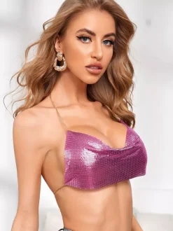 Sliver Clubwear Top Enticing V-Neck Sequins Sleeveless Backless Sequined Straps Halter Metal Sexy Top